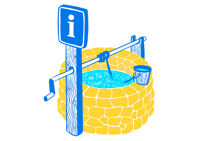 Illustration of a water well marked with an information symbol.