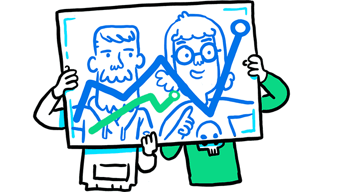 A cartoon image of people looking at a graph.