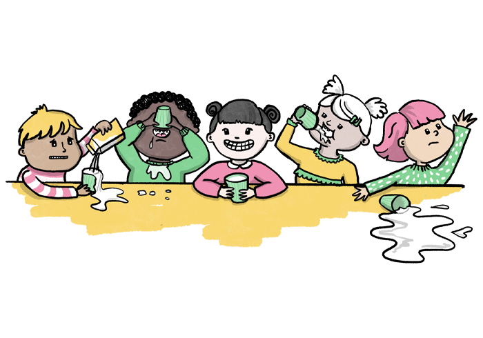 Illustration of five children drinking at preschool.