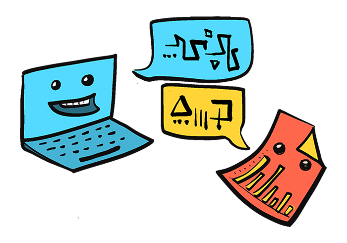 Illustration of a laptop and statistical document communicating with code.