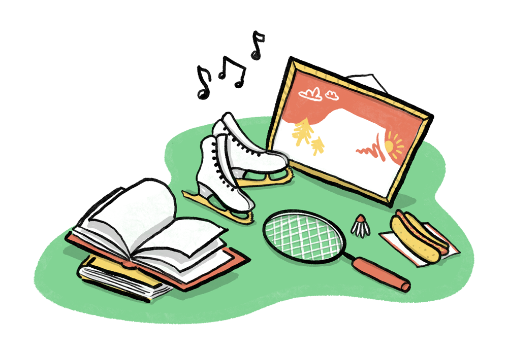 Illustration of books, skates, badminton rackets, painting and hot dog