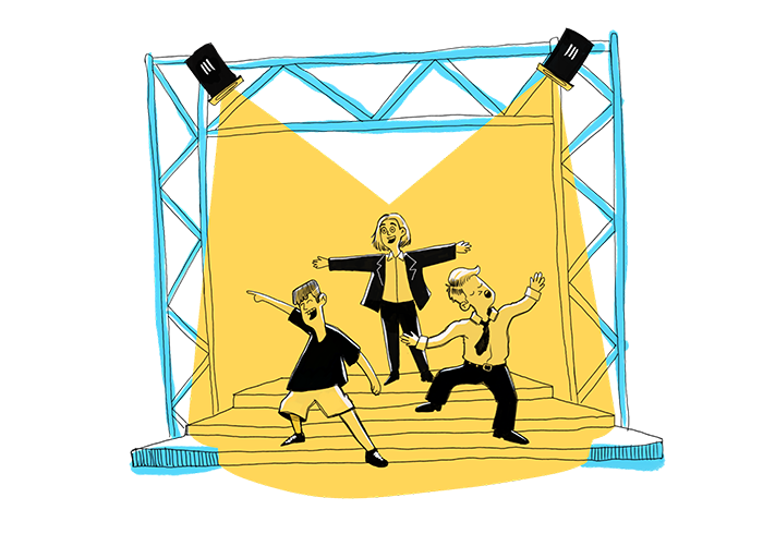 Drawing of kids on stage at Skrekkur.