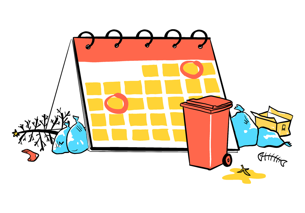 Drawing of a calendar, a garbage can, and all kinds of garbage