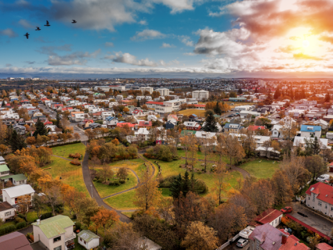 Aerial view of greenery and houses in Reykjavík.