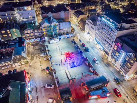 Aerial view of Ingólfstorg square during the 2025 Winter Lights Festival. Light art installation in the center of the square.