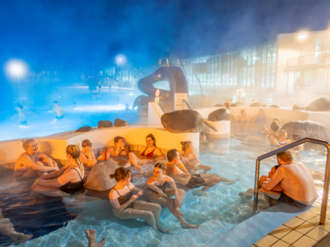 Crowds in the hot tub at Laugardalslaug Pool