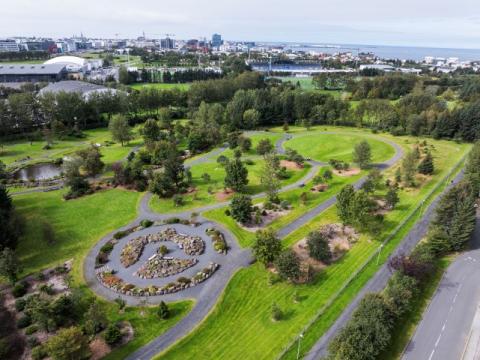 Laugardalur, an aerial view of the Reykjavik Botanic Garden.