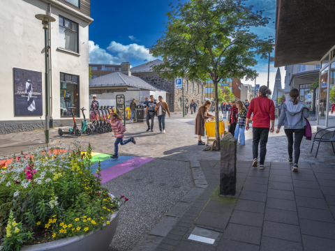 People walking, flowers and trees.