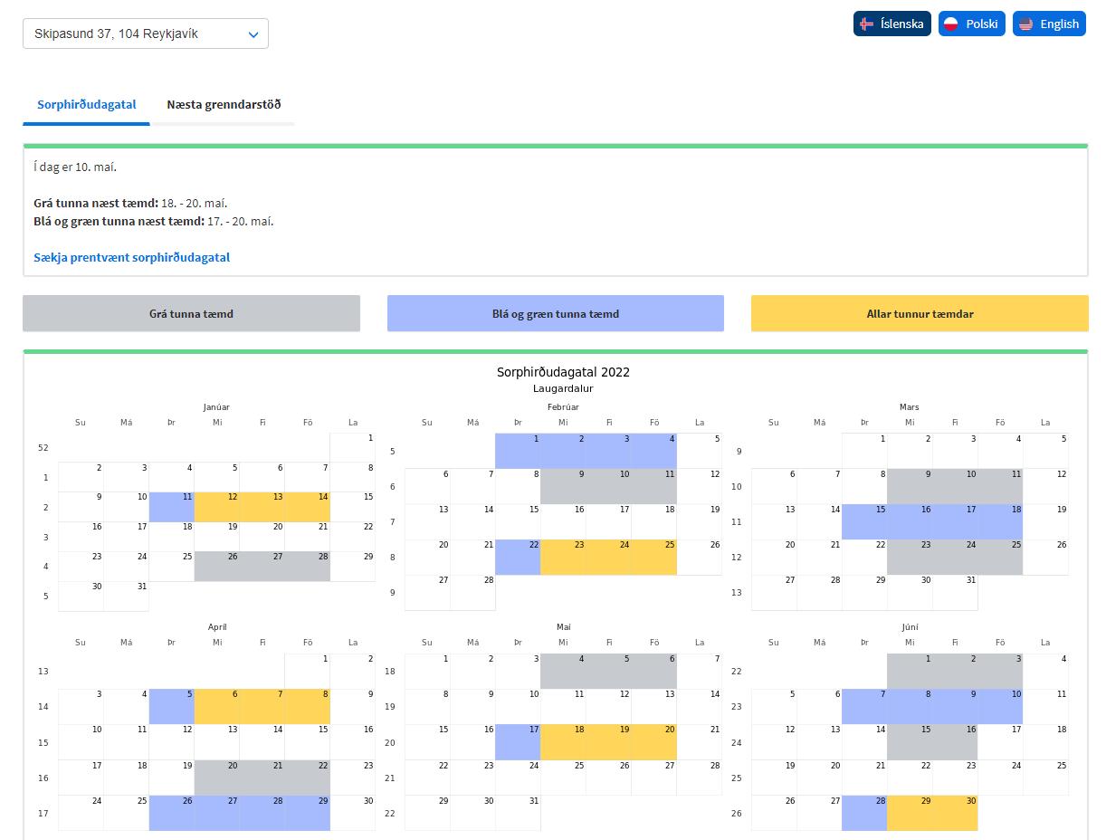 Screenshot of the waste collection calendar.