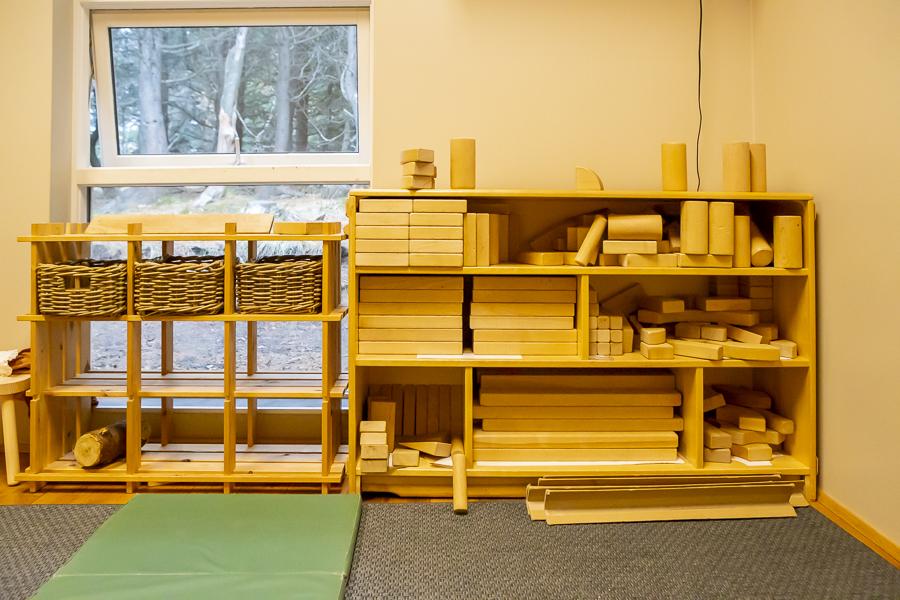 Wooden blocks on a shelf at Rauðhóll Preschool in the Björnslundur building