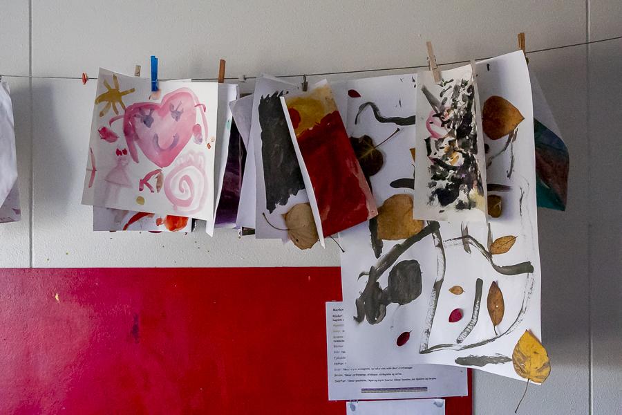 Children's artwork hanging inside Ártúnsskóli.