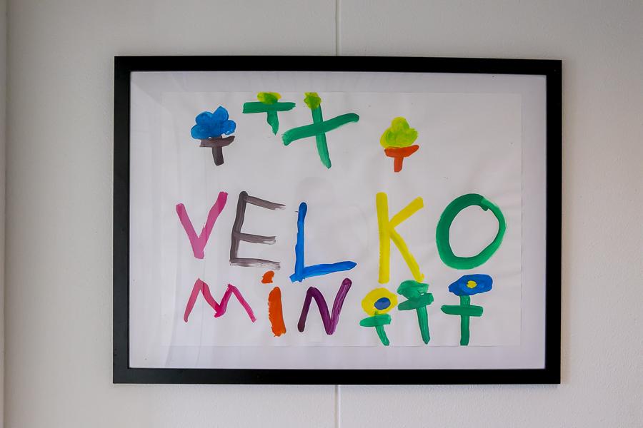 "Welcome" painting on the wall inside Ártúnsskóli.