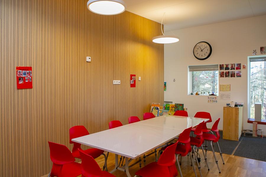 Tables and chairs inside Funaborg.