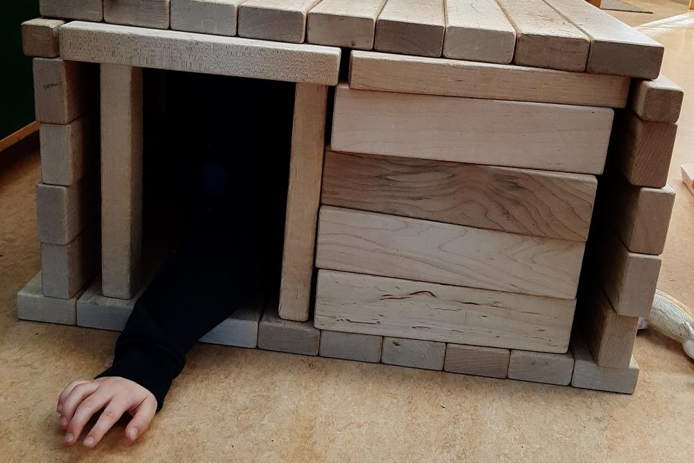 House built from wooden blocks with a hand reaching out from the house
