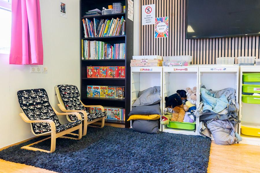 Room with chairs, bookshelf with comics and books, shelves with pillows and toys. Blue rug on floor. 
