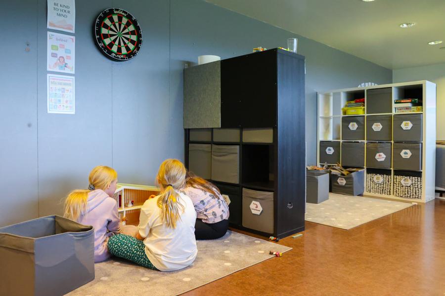 Children playing with a dollhouse. Shelves to the side. 