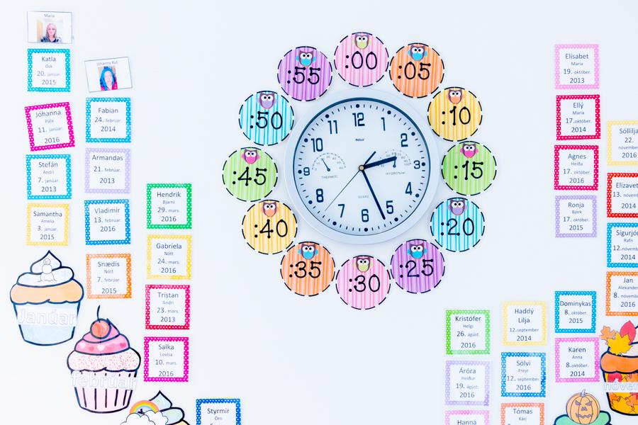 Decorative clock on wall and children's names with their birthdays. 