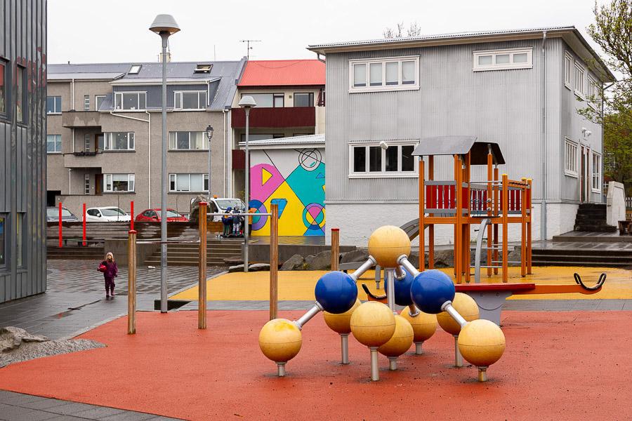 Playground equipment in the outdoor area at Vesturbæjarskóli and Skýjaborg.