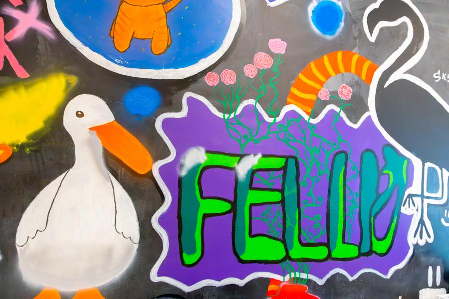 Picture painted on the wall with a duck, pelican, roses and the word Fellið. 