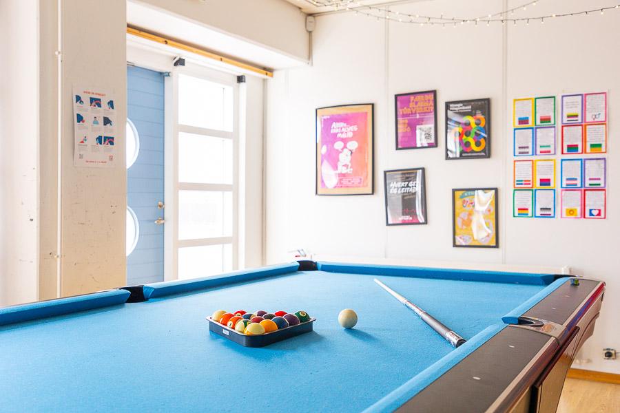 Room with a pool table and posters on the wall. 
