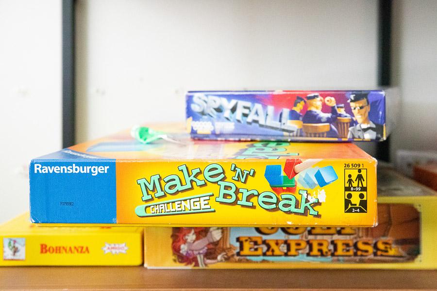 Board games on the shelf. 