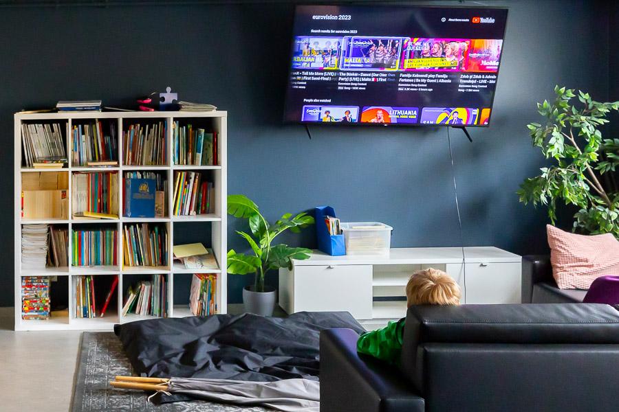 View from behind of a child sitting on a couch watching a screen on a wall. Shelves with plants are beside the screen. 