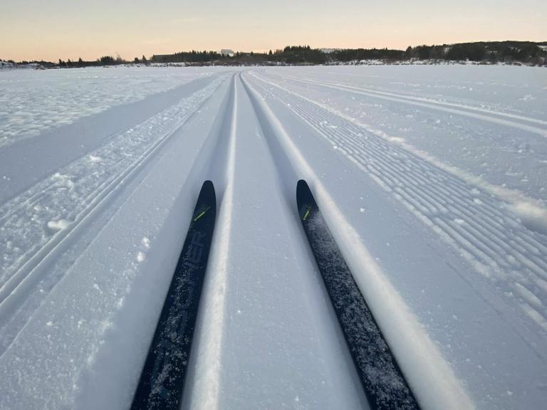 Cross-country skiing trail from a skier's perspective. The tips of the skis are visible, with the trail stretching ahead.