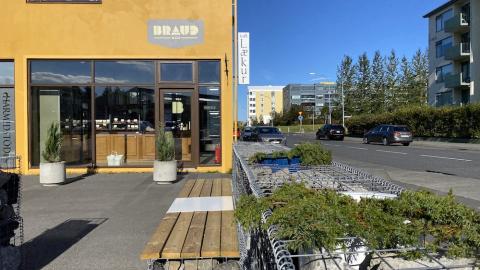 Benches and landscaping at Laugalækur.