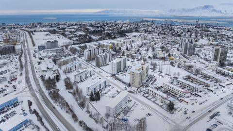 Aerial view of snow-covered streets in Reykjavík.